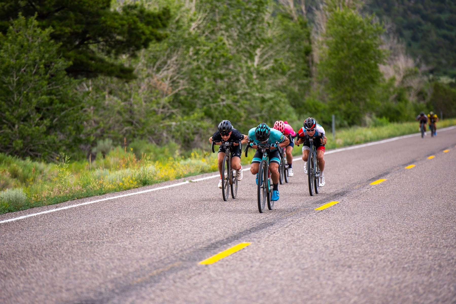 The Pro men's field split into several small groups on the Highway 153 descent into Junction. Photo: Steven L. Sheffield