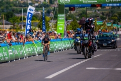 A DC Bank rider is solo off the front with 3 laps of the finishing circuit to go. Stage 1, 2019 Tour of Utah. Photo by Steven L. Sheffield